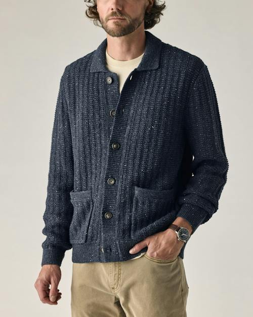 on model image of Recycled Cotton Headlands Full Button Cardigan