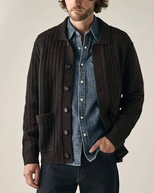on model image of Recycled Cotton Headlands Full Button Cardigan
