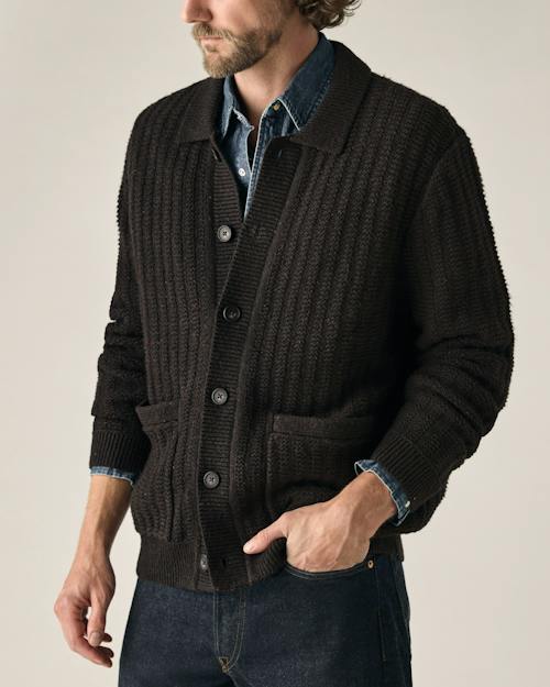on model image of Recycled Cotton Headlands Full Button Cardigan