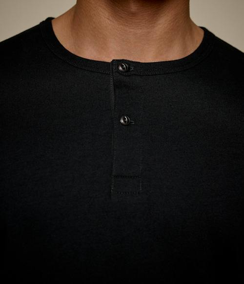 on model image of 2M16LS Cropped Vintage Machine Refined Fit Henley Longsleeve