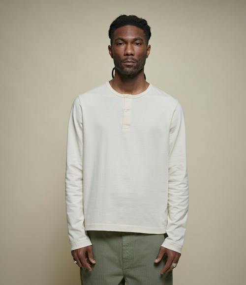 on model image of 2M16LS Cropped Vintage Machine Refined Fit Henley Longsleeve