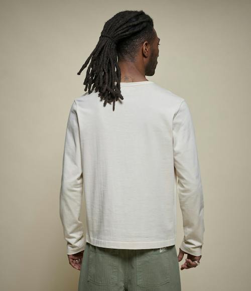 on model image of 2M16LS Cropped Vintage Machine Refined Fit Henley Longsleeve