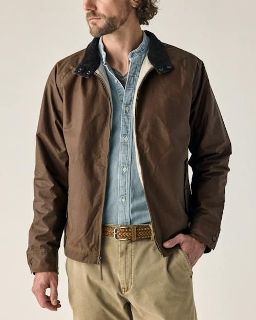 on model image of Waxed Harrington Jacket