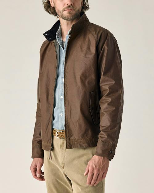on model image of Waxed Harrington Jacket