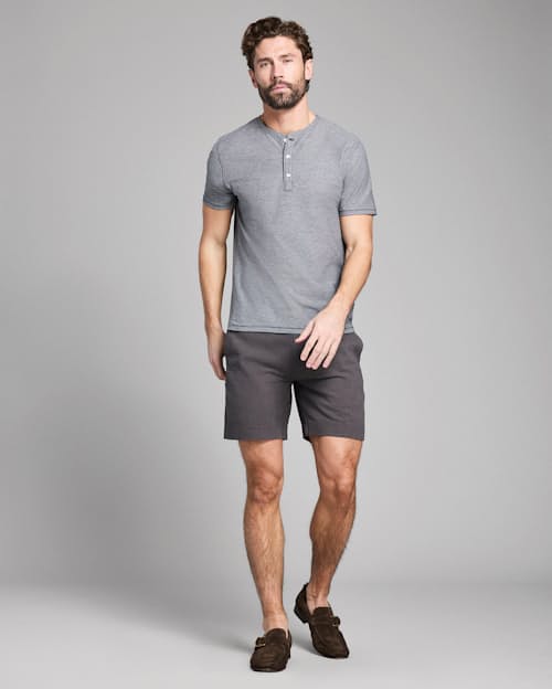 on model image of Short-Sleeve Birdseye Henley