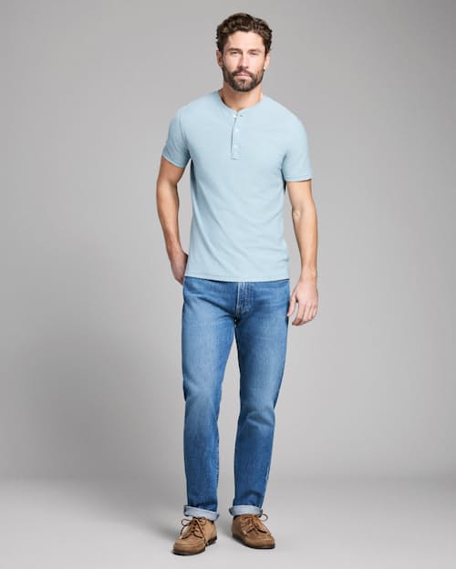 on model image of Short-Sleeve Birdseye Henley