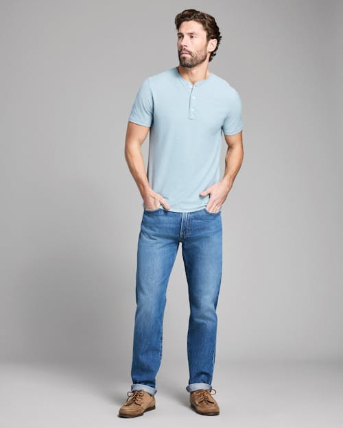 on model image of Short-Sleeve Birdseye Henley