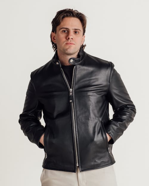 on model image of Retro Racer Lightweight Leather Jacket
