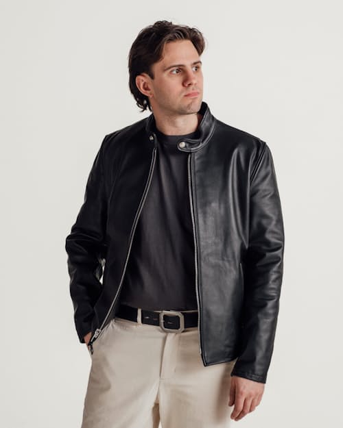 on model image of Retro Racer Lightweight Leather Jacket