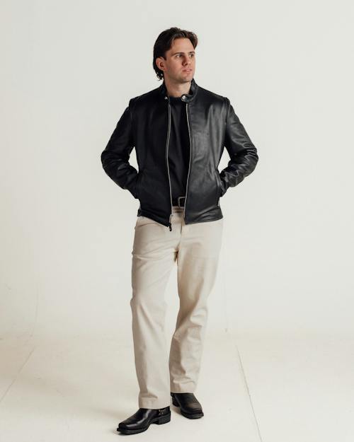 on model image of Retro Racer Lightweight Leather Jacket