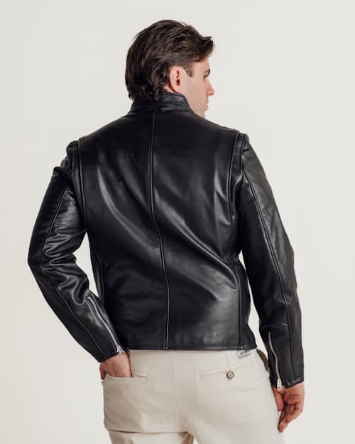 on model image of Retro Racer Lightweight Leather Jacket