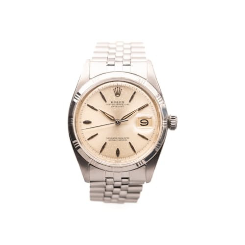 laydown image of 1960 Rolex 1603 Silver "Bamboo Bezel" Datejust