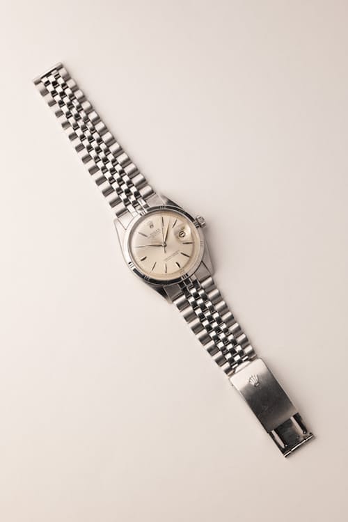 laydown detail image of 1960 Rolex 1603 Silver "Bamboo Bezel" Datejust