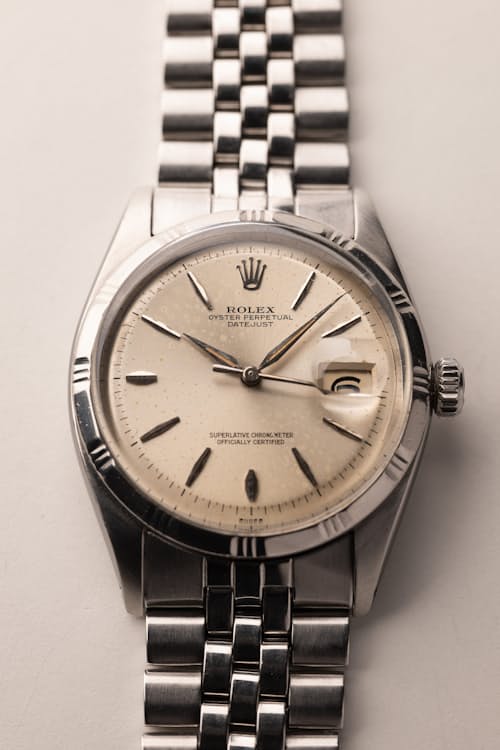 laydown detail image of 1960 Rolex 1603 Silver "Bamboo Bezel" Datejust