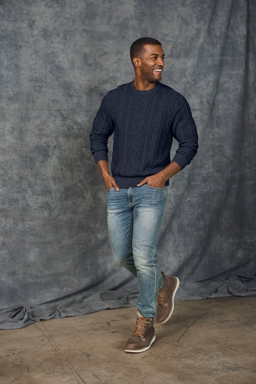 on model image of Bean’s Heritage Soft Cotton Fisherman Crewneck Sweater