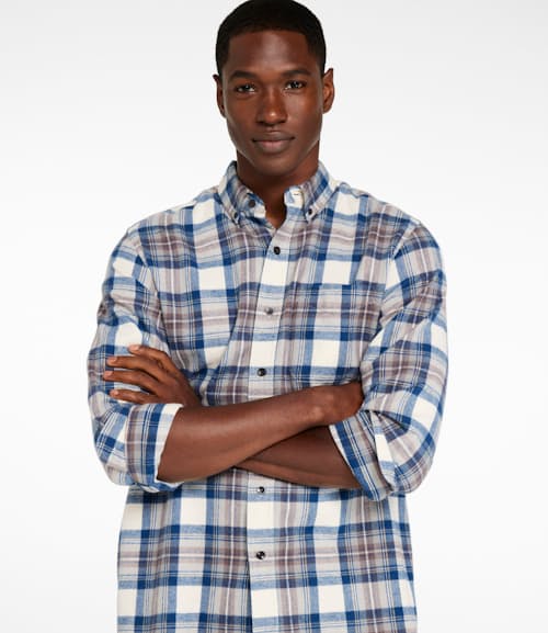 on model image of Scotch Plaid Flannel Shirt- Traditional Fit
