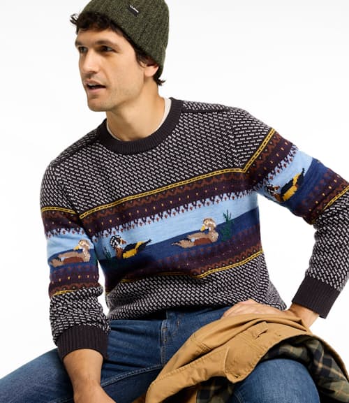 on model image of Essential Merino Crewneck Sweater