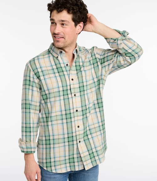 on model image of Scotch Plaid Flannel Shirt- Traditional Fit