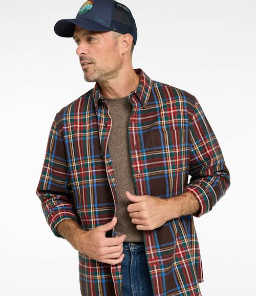 on model image of Scotch Plaid Flannel Shirt- Traditional Fit