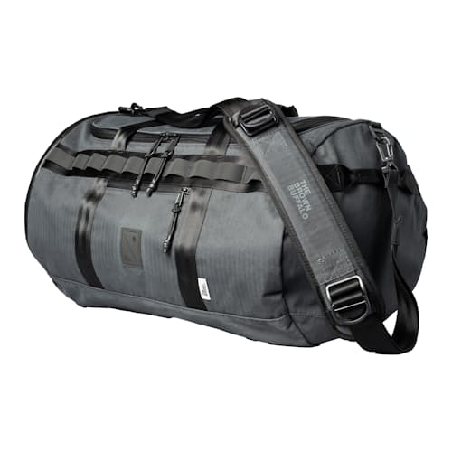 laydown image of Huckberry x Brown Buffalo Herringbone Twill Duffalo 50L