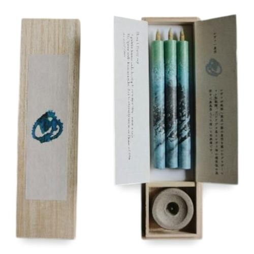 laydown image of Traditional Japanese Candle Gift Set of 3 Multi-Colored in Wood