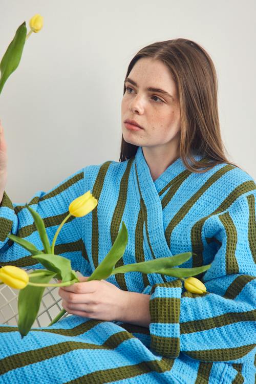 on model image of Waffle Cotton Bathrobe
