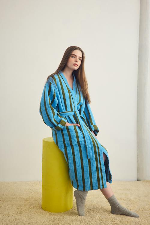 on model image of Waffle Cotton Bathrobe