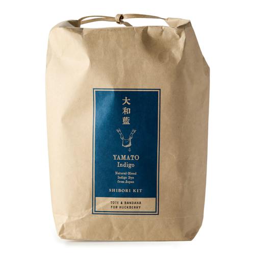 laydown image of Yamato Indigo Shibori Kit (Bandana + Large Tote)