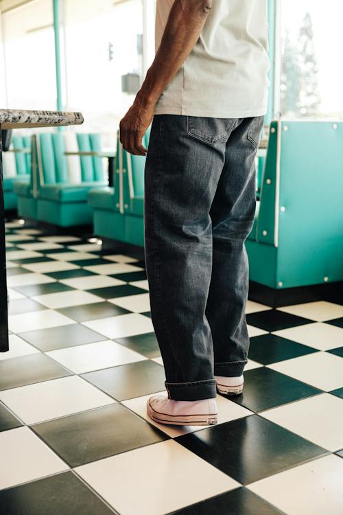 lifestyle image of The Barrel Straight Stretch Selvedge Denim