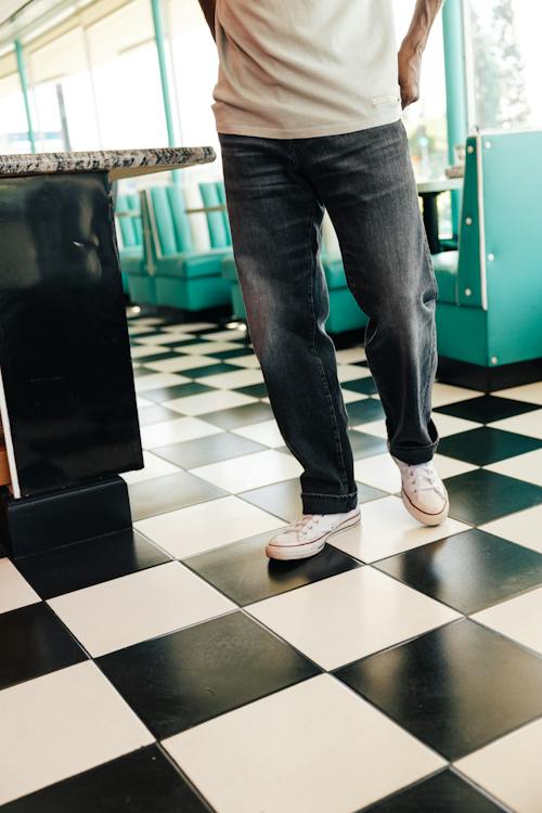 lifestyle image of The Barrel Straight Stretch Selvedge Denim
