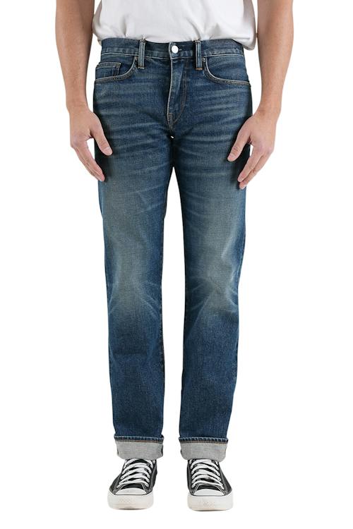 on model image of The Hammer Straight Stretch Selvedge Denim