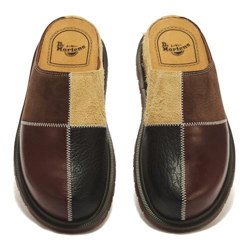 laydown image of San Patchwork Leather & Suede Mules