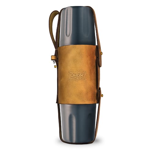 laydown image of Firelight 750ml Flask + Leather Holster