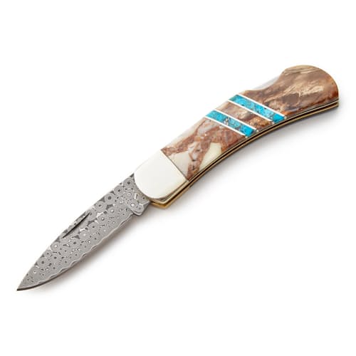 laydown image of White Mammoth Tusk + Turquoise Damascus Knife