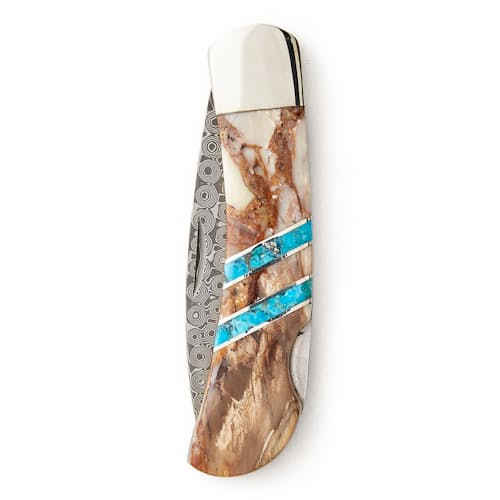 laydown image of White Mammoth Tusk + Turquoise Damascus Knife