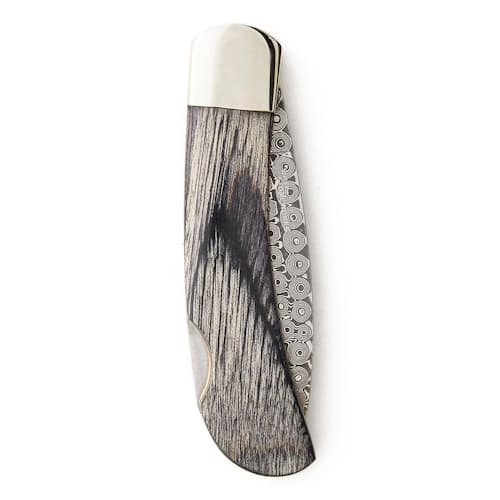 laydown image of White Mammoth Tusk + Turquoise Damascus Knife