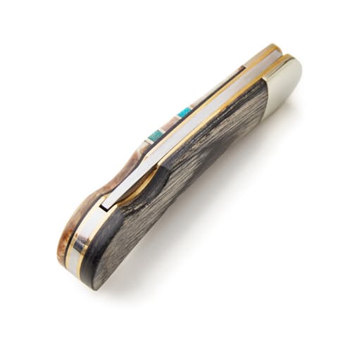 laydown image of White Mammoth Tusk + Turquoise Damascus Knife