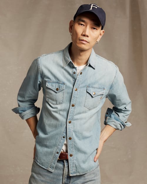 on model image of Shoals Denim Shirt
