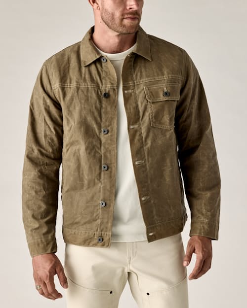 on model image of Flannel-Lined Waxed Trucker Jacket