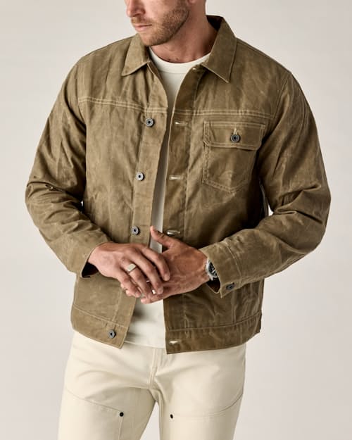 on model image of Flannel-Lined Waxed Trucker Jacket