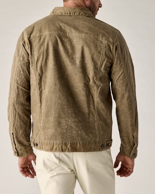 on model image of Flannel-Lined Waxed Trucker Jacket