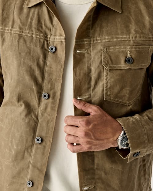 on model image of Flannel-Lined Waxed Trucker Jacket