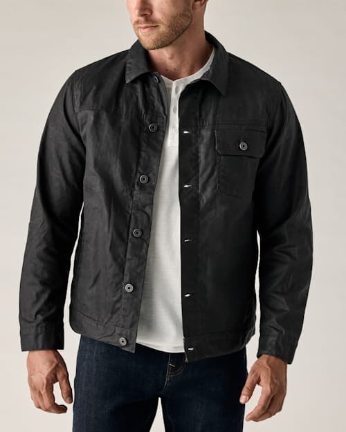 on model image of Flannel-Lined Waxed Trucker Jacket