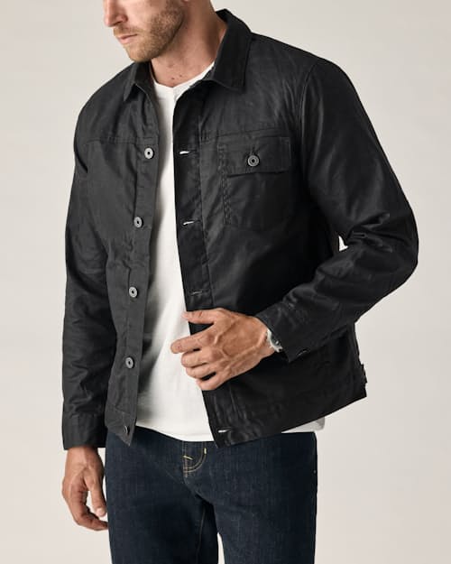 on model image of Flannel-Lined Waxed Trucker Jacket