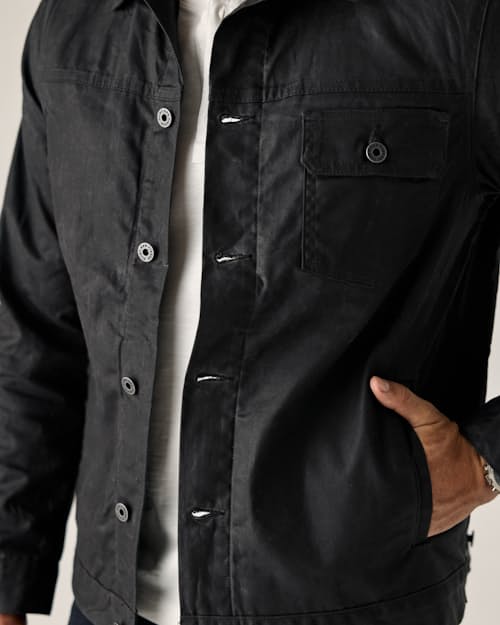 on model image of Flannel-Lined Waxed Trucker Jacket