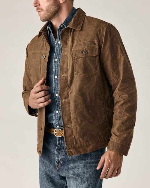 on model image of Flannel-Lined Waxed Trucker Jacket