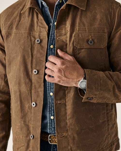 on model image of Flannel-Lined Waxed Trucker Jacket