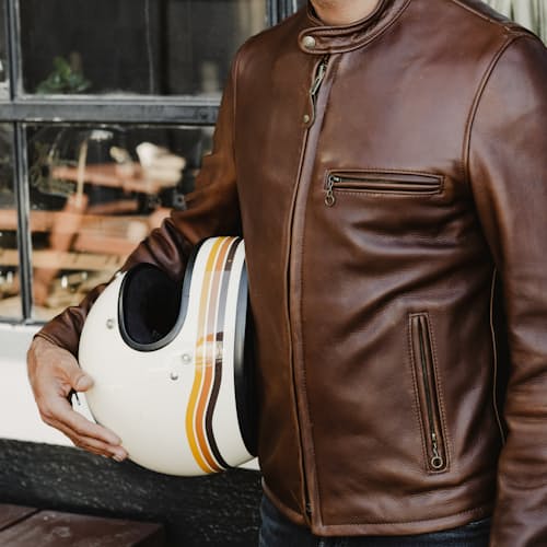 lifestyle image of Waxed Natural Pebbled Cowhide Cafe Leather Jacket