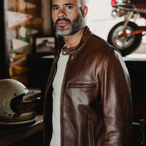 lifestyle image of Waxed Natural Pebbled Cowhide Cafe Leather Jacket