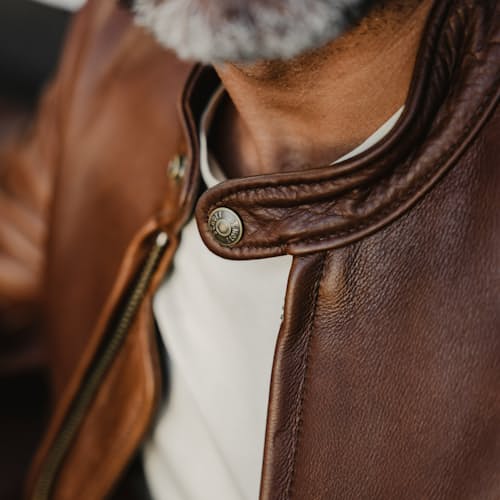 lifestyle image of Waxed Natural Pebbled Cowhide Cafe Leather Jacket